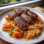 Fünf gegrillte Ćevapčići liegen auf einer Portion würzigem Djuvec-Reis mit Paprikastückchen.