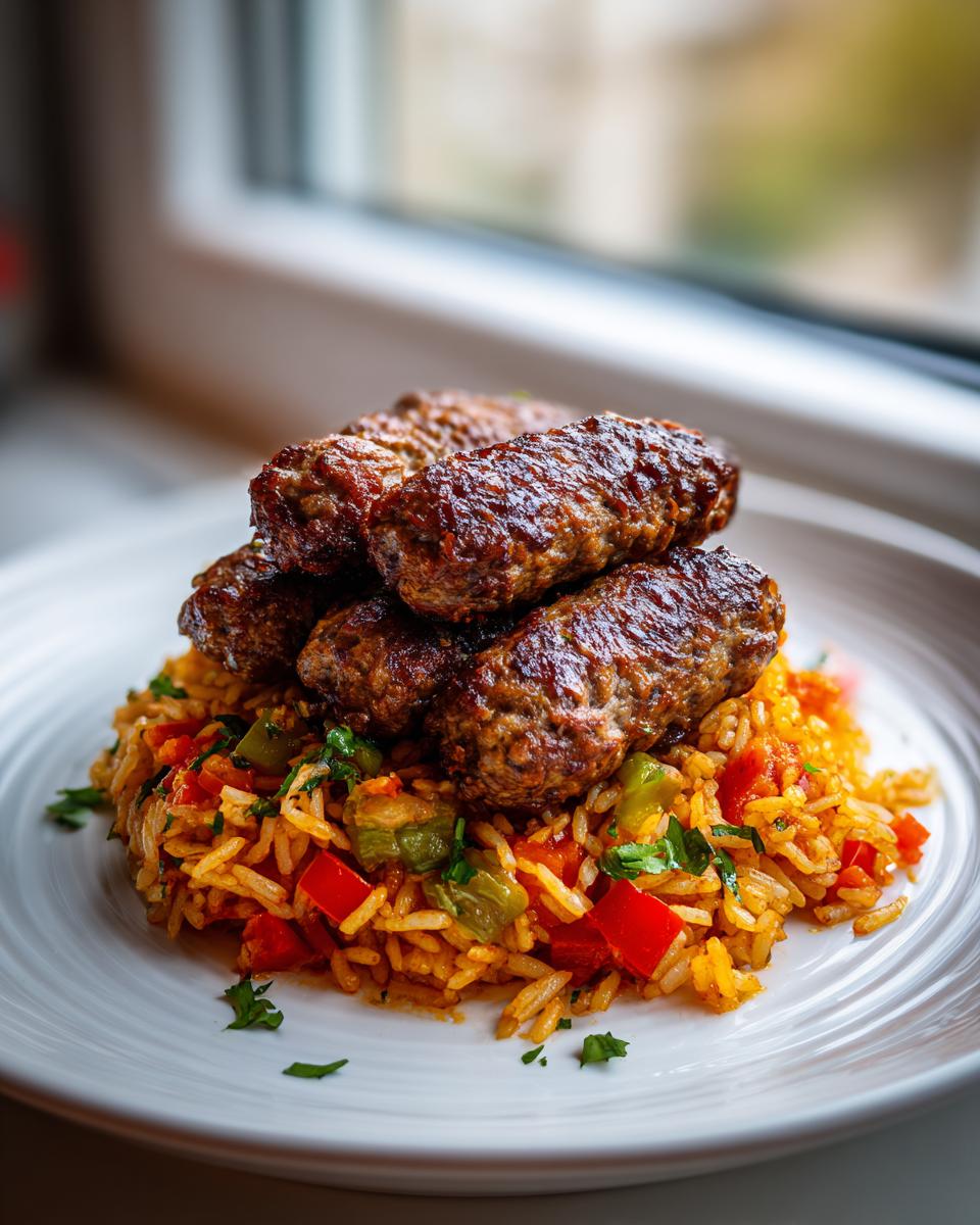 Ein Teller mit saftigen, gegrillten Ćevapčići, gestapelt auf würzigem Djuvec-Reis mit Paprikastücken.