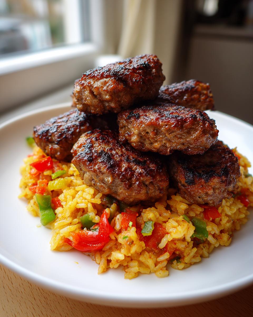 Ein Stapel saftiger, gegrillter Ćevapčići liegt auf lockerem, gelbem Djuvec-Reis mit roten und grünen Paprikastücken.