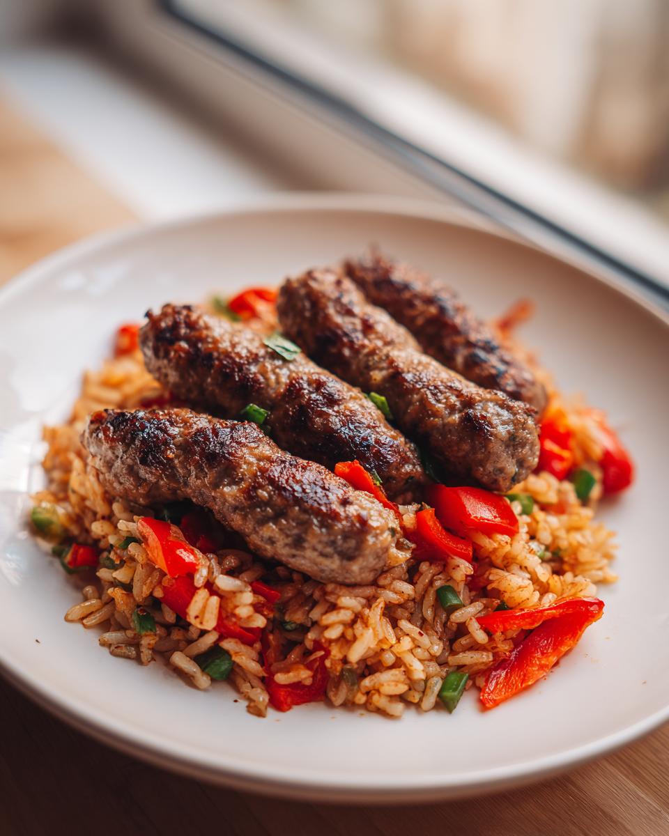 Vier gegrillte Ćevapčići liegen auf einer Portion würzigem Djuvec-Reis mit roten Paprikastücken.