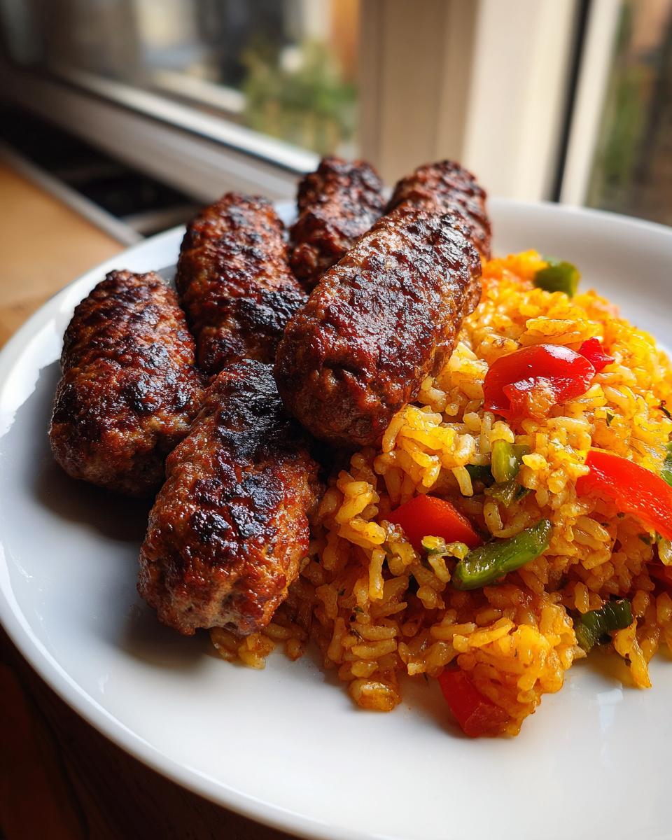 Fünf saftige, gebratene Ćevapčići liegen neben leuchtend gelbem Djuvec-Reis mit Paprikastücken auf einem weißen Teller.