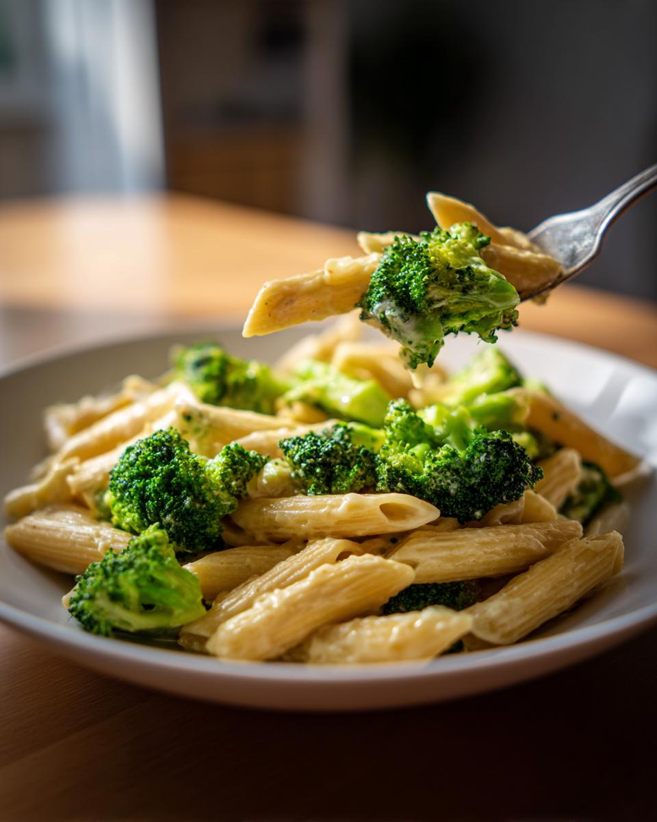 Nahaufnahme von cremiger Brokkoli-Käse-Pasta mit Penne, wobei eine Gabel einen Bissen heraushebt.