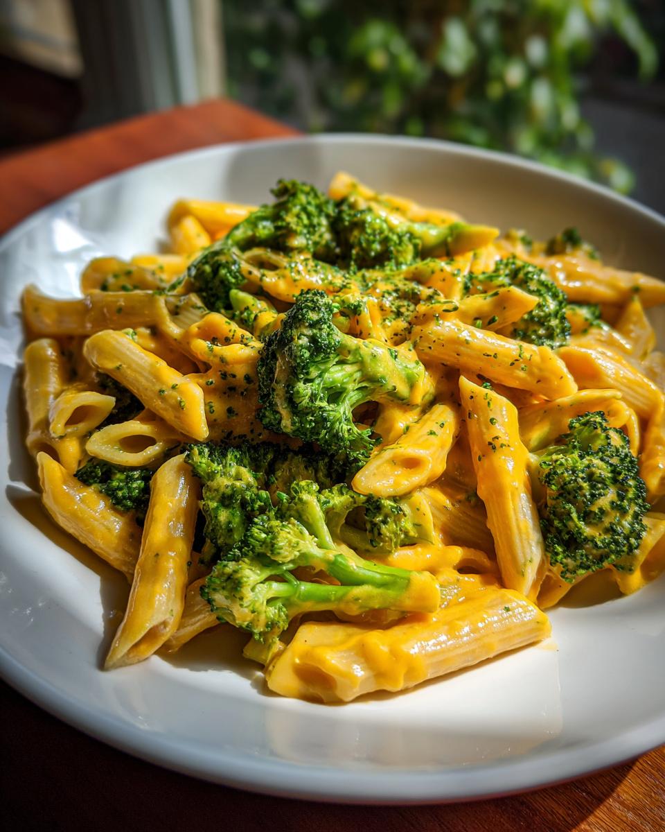 Teller mit cremiger Brokkoli-Käse-Pasta, leuchtend gelb und mit frischen Brokkoliröschen.