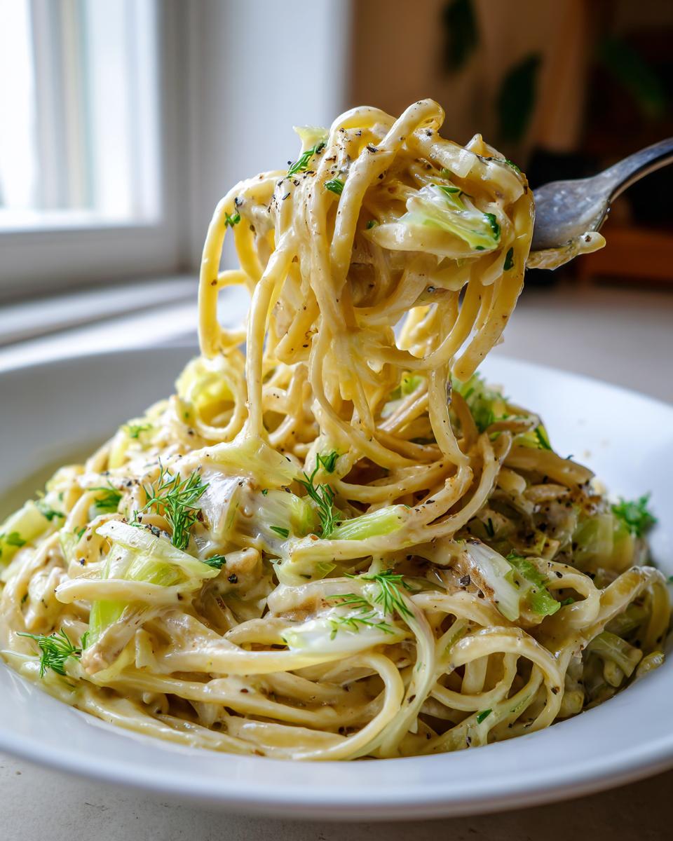 Eine Gabel zieht eine große Portion cremige Fenchel-Pasta mit viel Sauce und Fenchelstücken aus einem weißen Teller.