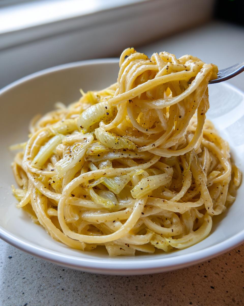 Nahaufnahme einer Gabel, die eine Portion cremige Fenchel-Pasta aus einer weißen Schüssel zieht.