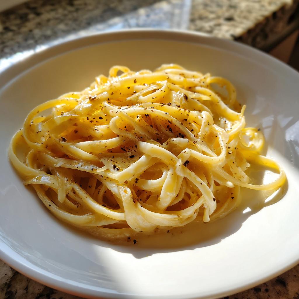 Teller mit leuchtend gelber, cremiger Fenchel-Pasta, bestreut mit frisch gemahlenem schwarzen Pfeffer.