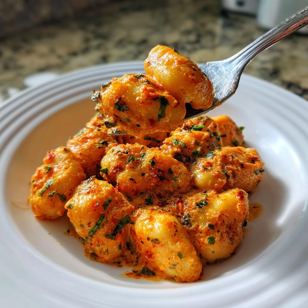 Nahaufnahme von fluffigen Gnocchi in einer cremigen Tomaten-Sahne-Soße, die mit frischen Kräutern bestreut sind.