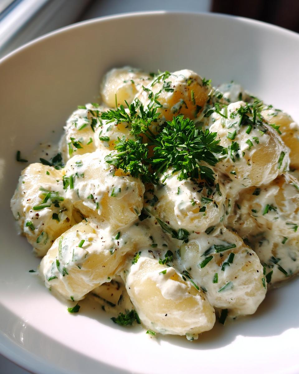 Nahaufnahme von Gnocchi mit Frischkäse und reichlich frischen Kräutern in einer weißen Schale.