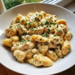 Nahaufnahme von Gnocchi mit Hähnchen in cremiger Sahnesauce, garniert mit frischer Petersilie.