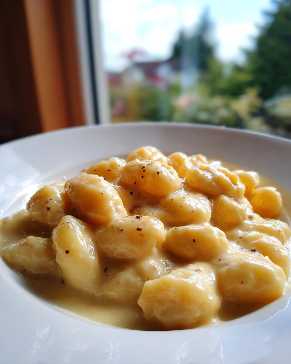 Nahaufnahme von fluffigen Gnocchi in einer cremigen Schinken-Sahne-Sauce, leicht mit Pfeffer bestreut.