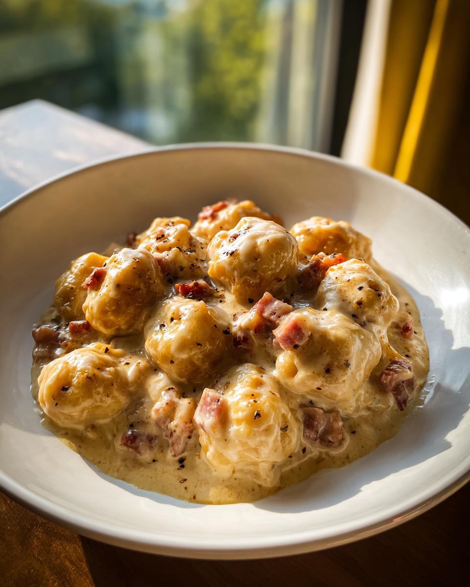 Nahaufnahme von Gnocchi mit Schinken-Sahne in einer weißen Schale, appetitlich mit Pfeffer bestreut.