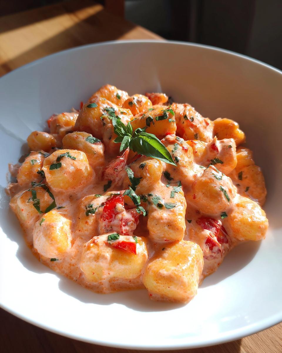 Nahaufnahme von fluffigen Gnocchi mit Tomaten-Frischkäse-Soße, garniert mit Basilikum.