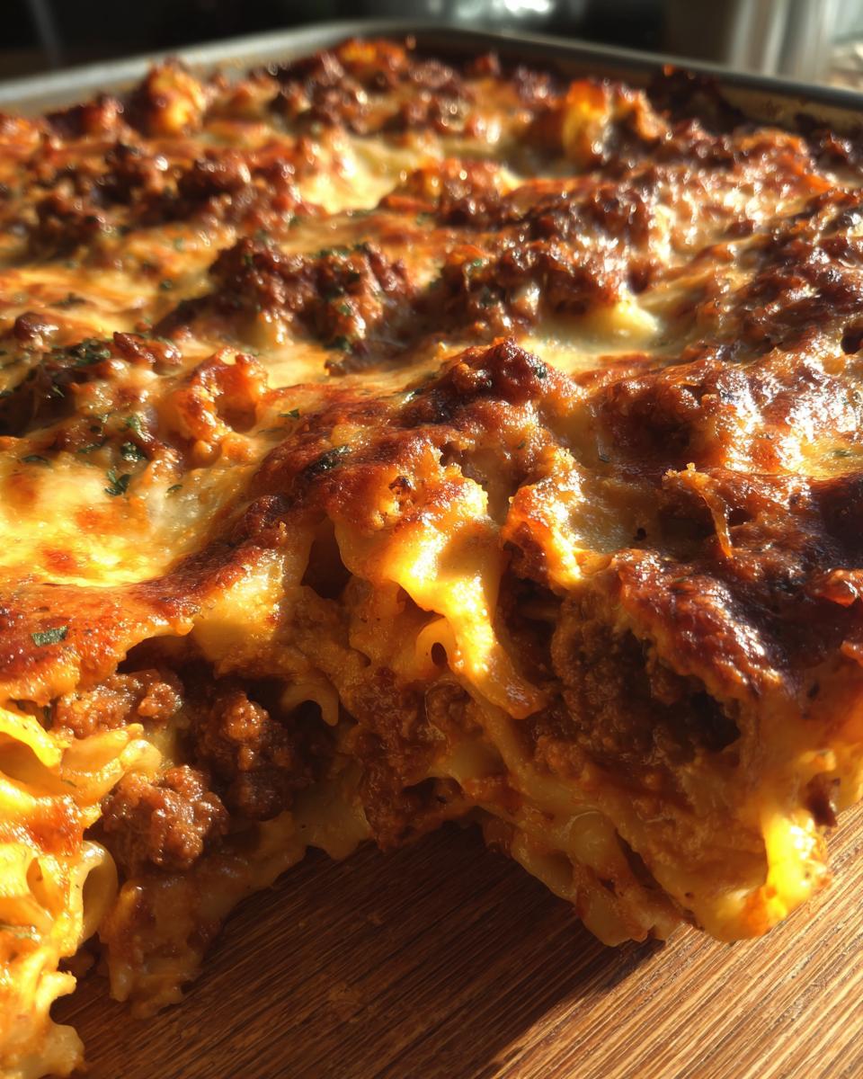 Nahaufnahme einer saftigen Cremige Hackfleisch-Lasagne aus der Pfanne mit goldbraun überbackenem Käse.