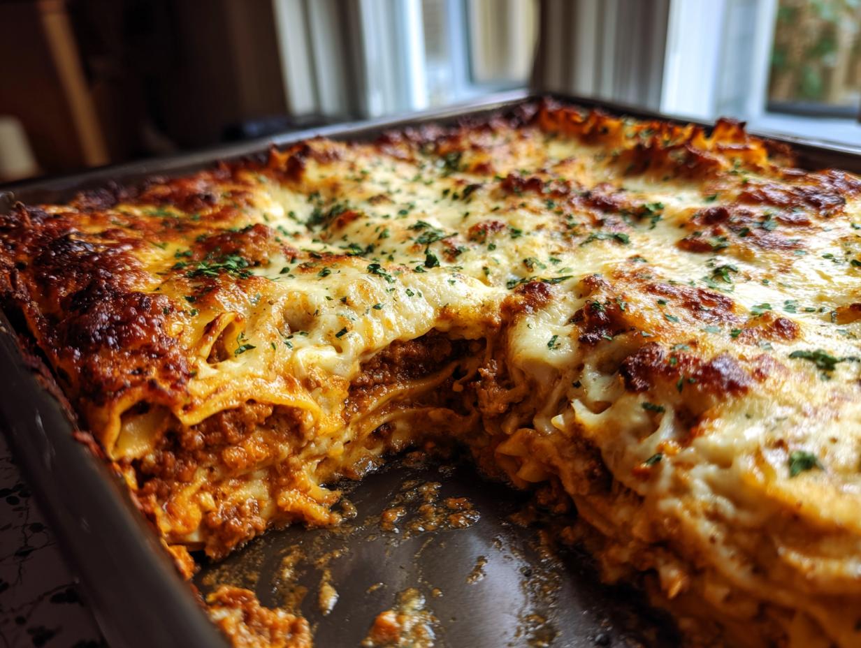 Nahaufnahme einer frisch gebackenen Cremige Hackfleisch-Lasagne aus der Pfanne mit goldbraunem Käse und Petersilie.