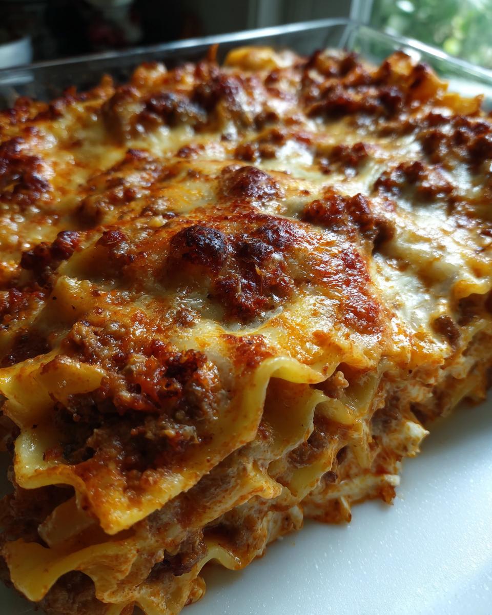 Nahaufnahme einer saftigen Schicht Cremige Hackfleisch-Lasagne aus der Pfanne mit goldbraun überbackenem Käse.
