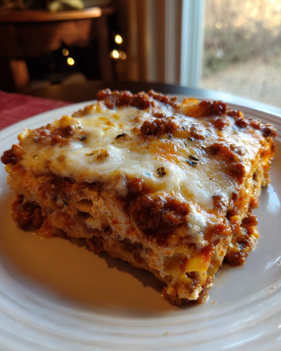 Ein saftiges Stück Cremige Hackfleisch-Lasagne aus der Pfanne mit geschmolzenem Käse auf einem weißen Teller.