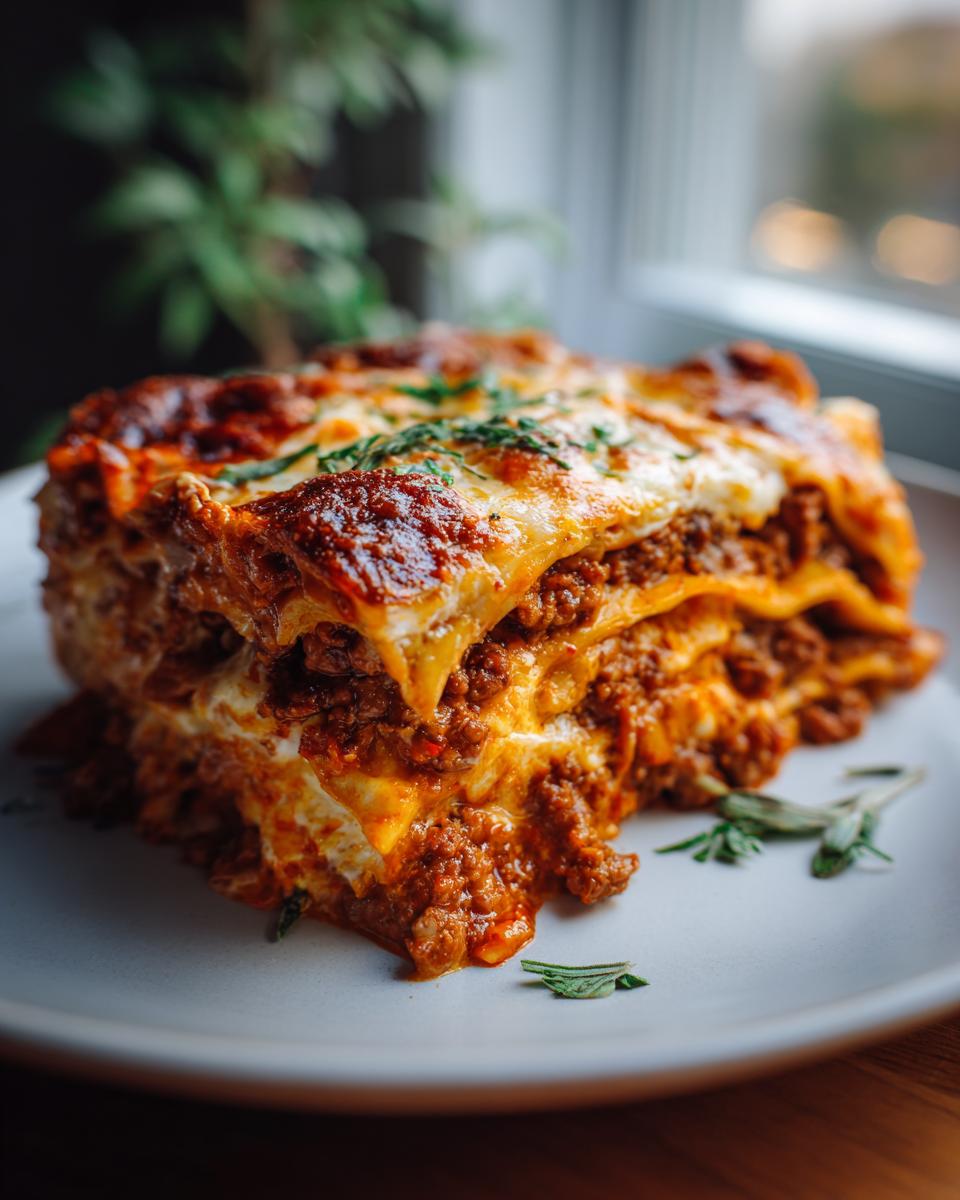 Ein saftiges Stück Cremige Hackfleisch-Lasagne aus der Pfanne mit geschmolzenem Käse und Kräutern auf einem Teller.