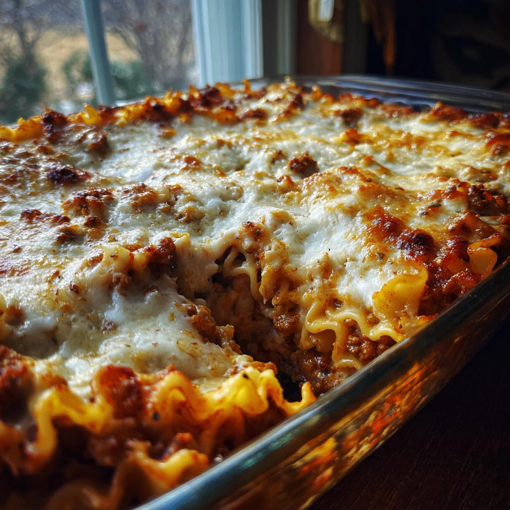 Eine goldbraun überbackene Cremige Hackfleisch-Lasagne aus der Pfanne in einer Auflaufform, mit geschmolzenem Käse.