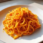 Nahaufnahme von leuchtend orangefarbenen Cremige Karotten-Frischkäse-Nudeln auf einem weißen Teller, im Sonnenlicht.