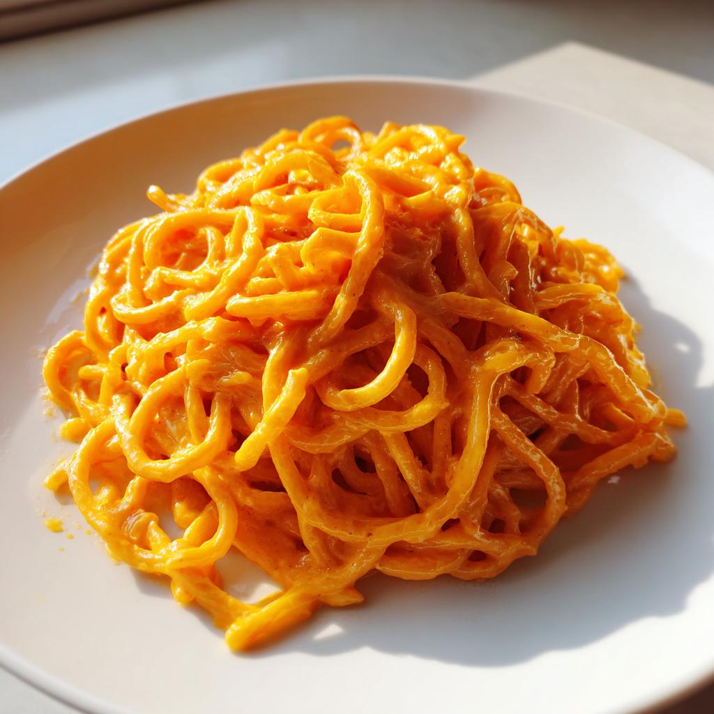 Nahaufnahme von leuchtend orangefarbenen Cremige Karotten-Frischkäse-Nudeln auf einem weißen Teller, im Sonnenlicht.