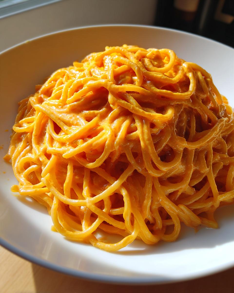 Ein Teller voll leuchtend orangefarbener Cremige Karotten-Frischkäse-Nudeln, die im Sonnenlicht glänzen.