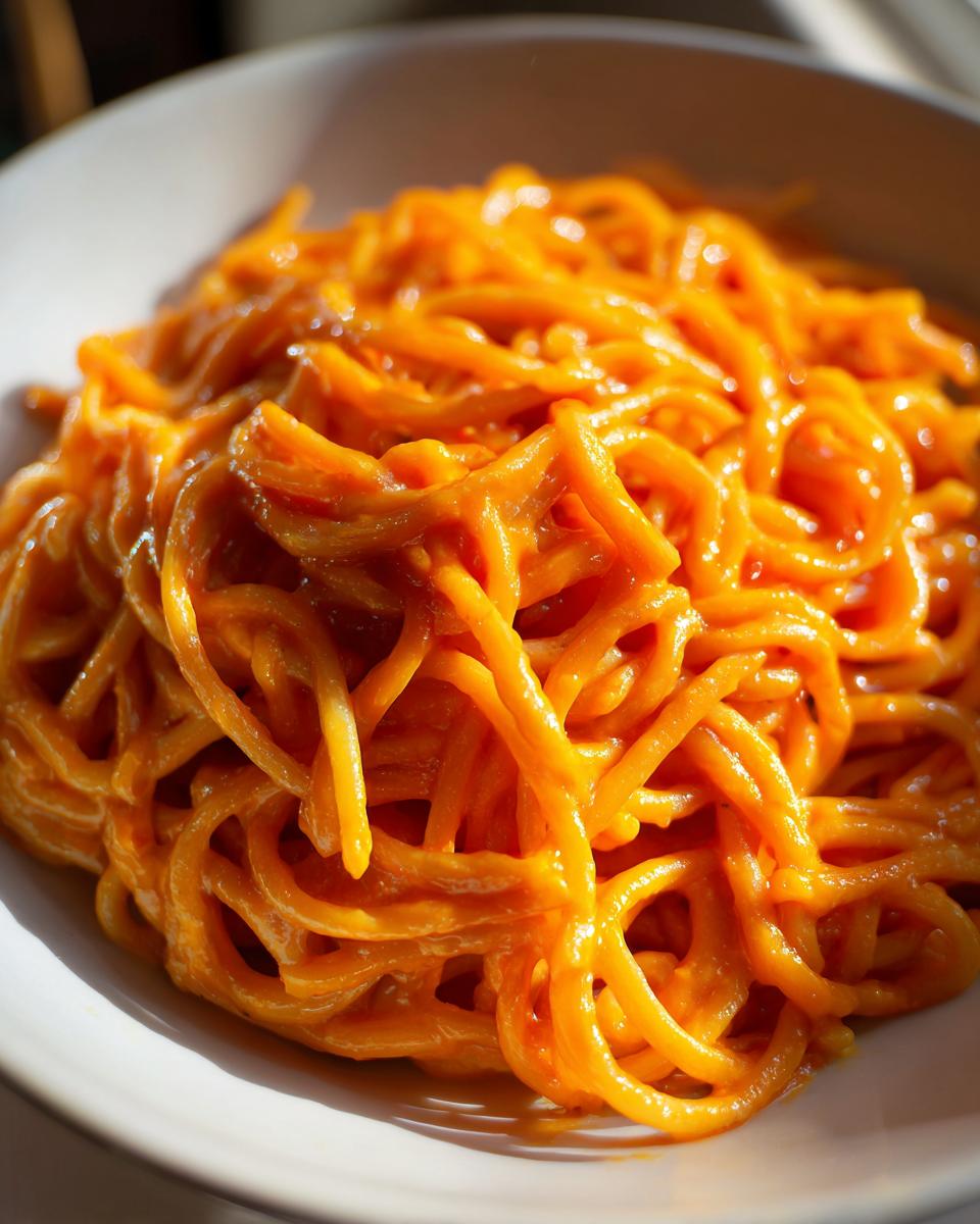 Nahaufnahme von leckeren, orangefarbenen Cremige Karotten-Frischkäse-Nudeln in einer weißen Schüssel.