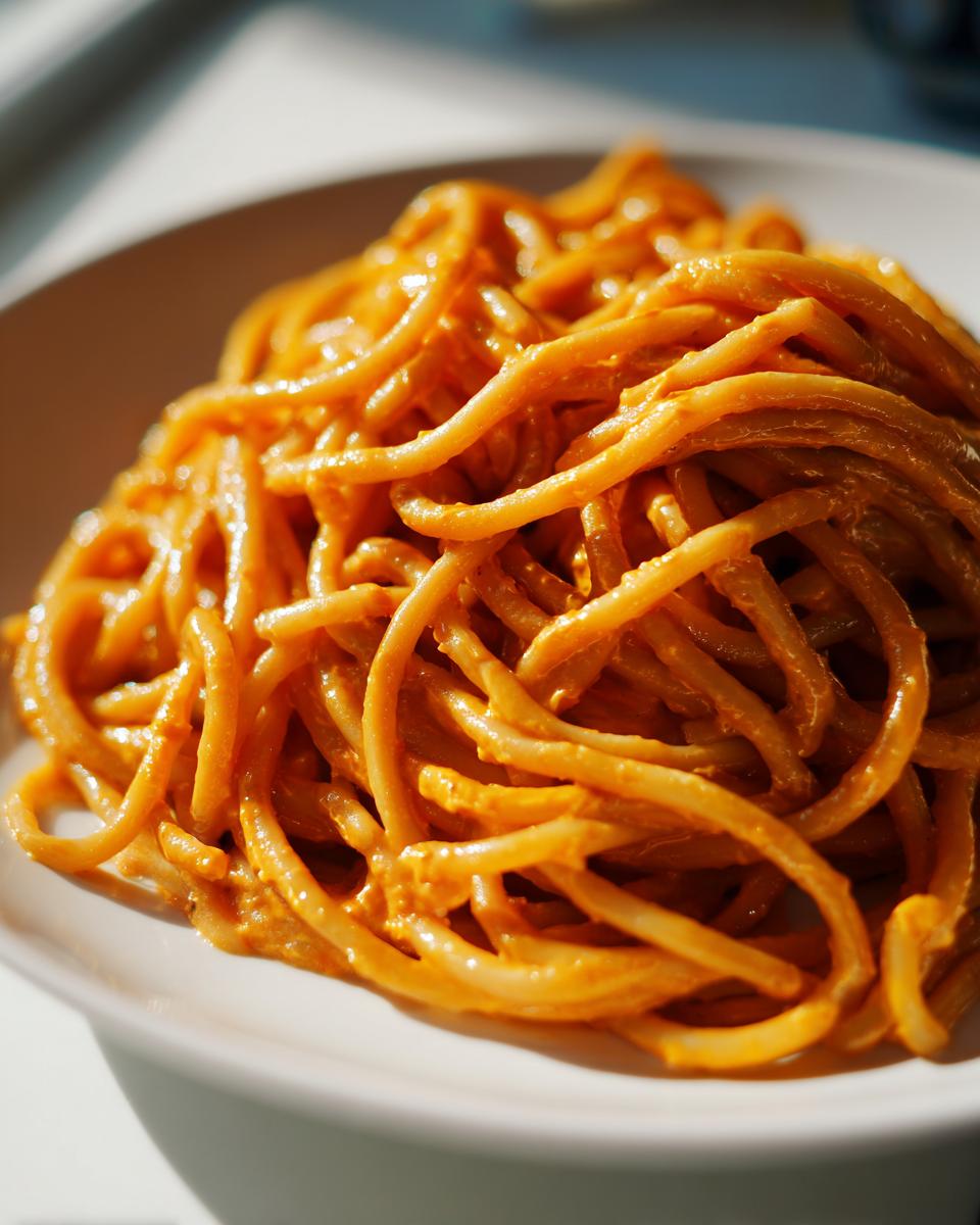 Nahaufnahme von leckeren Cremige Karotten-Frischkäse-Nudeln, die in einer cremigen, orangefarbenen Sauce geschwenkt sind.