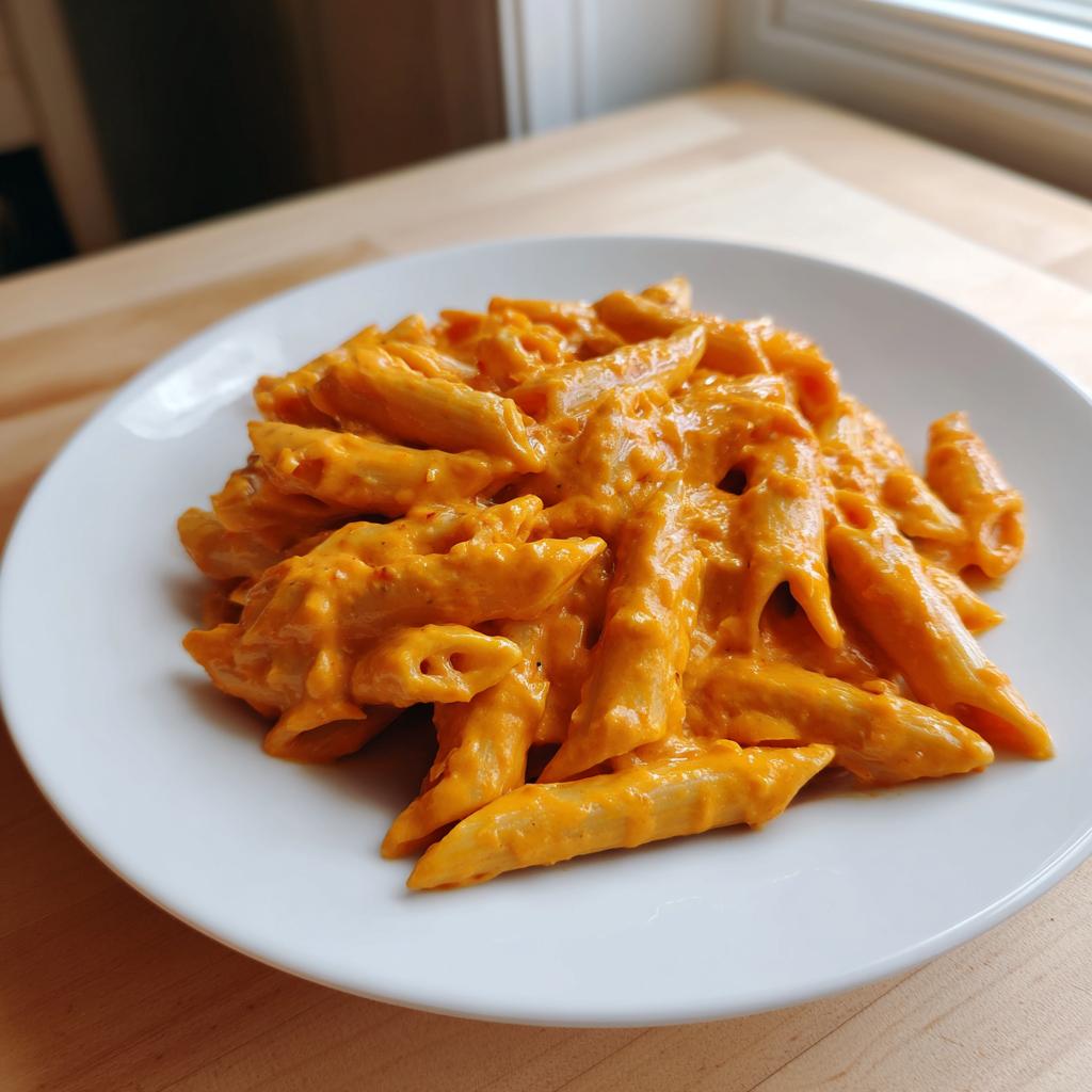 Nahaufnahme von Penne-Nudeln in einer leuchtend orangefarbenen, cremigen Kürbis-Frischkäse-Pasta auf einem weißen Teller.
