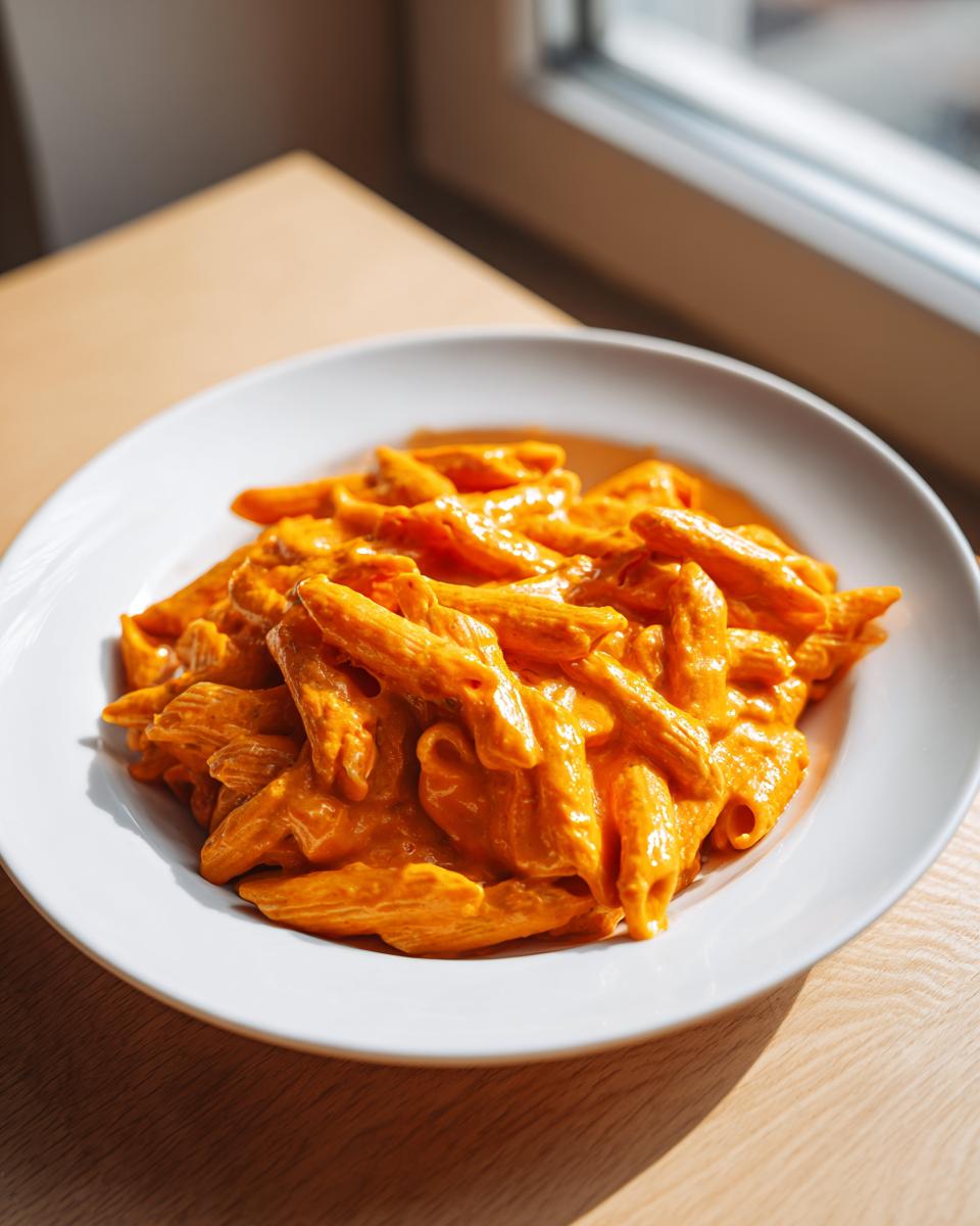 Teller mit leuchtend oranger Cremige Kürbis-Frischkäse-Pasta, appetitlich angerichtet.