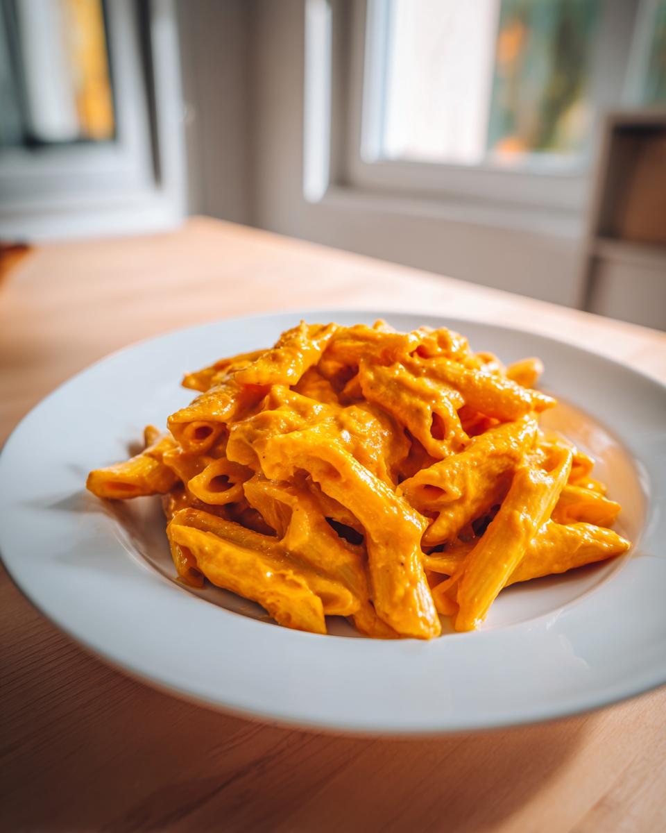 Nahaufnahme von Penne in leuchtend oranger, cremiger Kürbis-Frischkäse-Pasta auf einem weißen Teller.