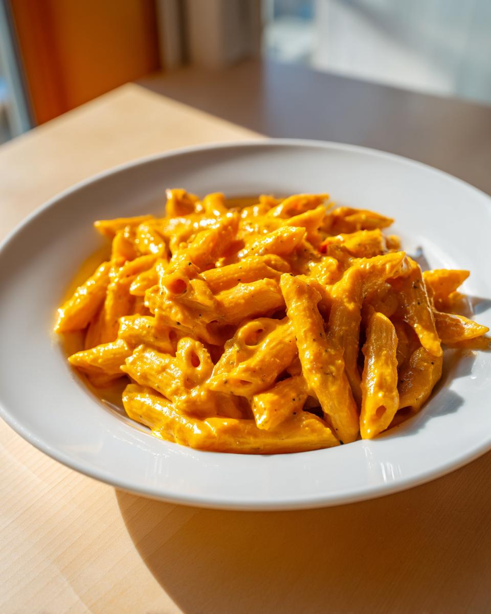 Nahaufnahme von Penne in einer leuchtend orangefarbenen, cremigen Kürbis-Frischkäse-Pasta in einem weißen Teller.