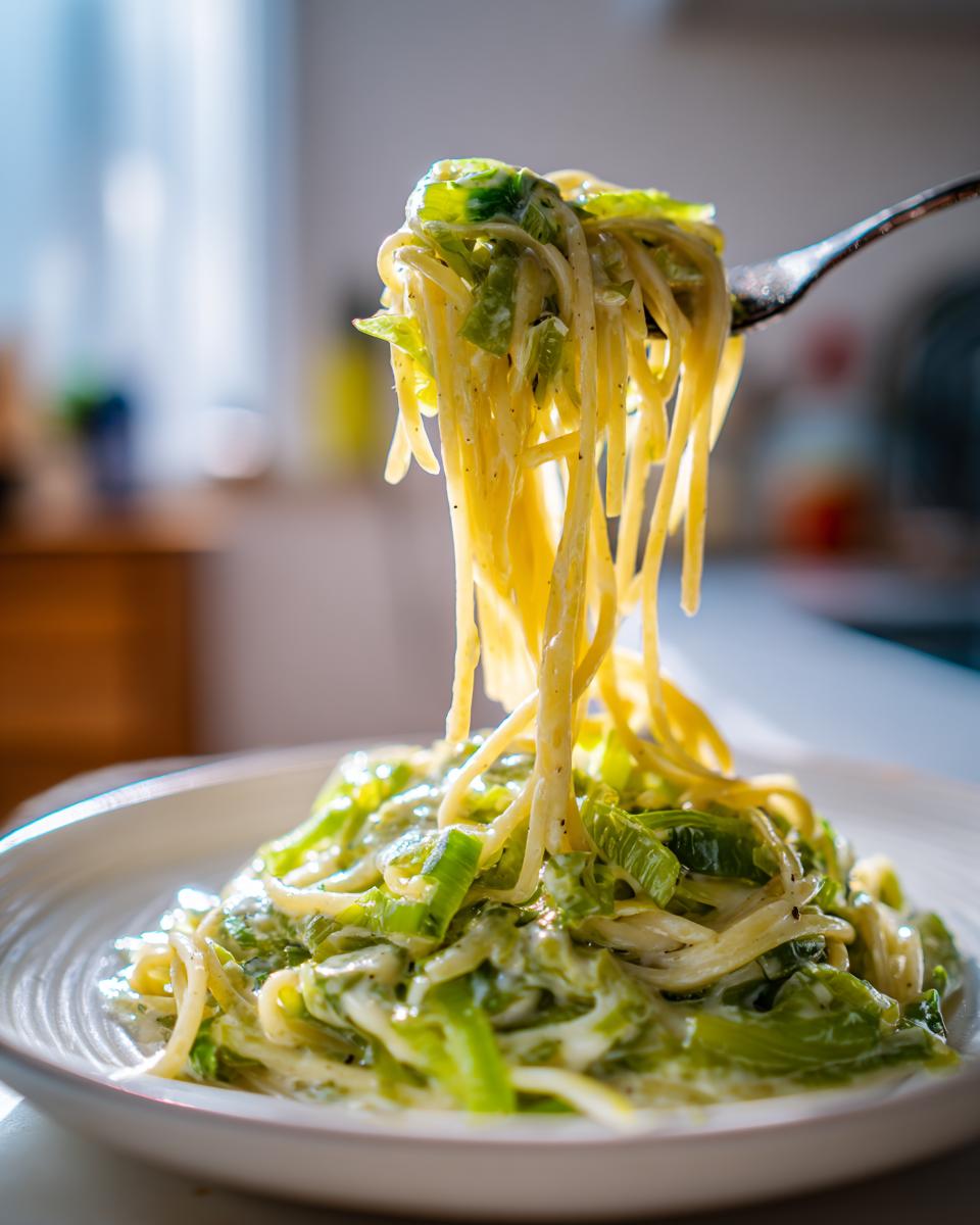 Eine Gabel voller cremiger Lauch-Nudeln wird hochgezogen, die Nudeln sind üppig mit der hellgrünen Lauch-Sahnesauce bedeckt.