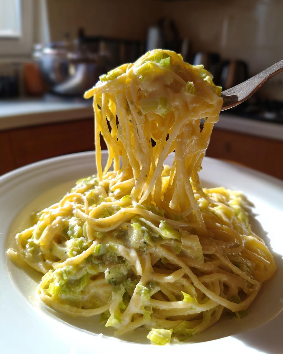 Eine Gabel voller cremiger Lauch-Nudeln wird hochgezogen, die Nudeln sind üppig mit der hellgrünen Lauch-Sahnesauce bedeckt.