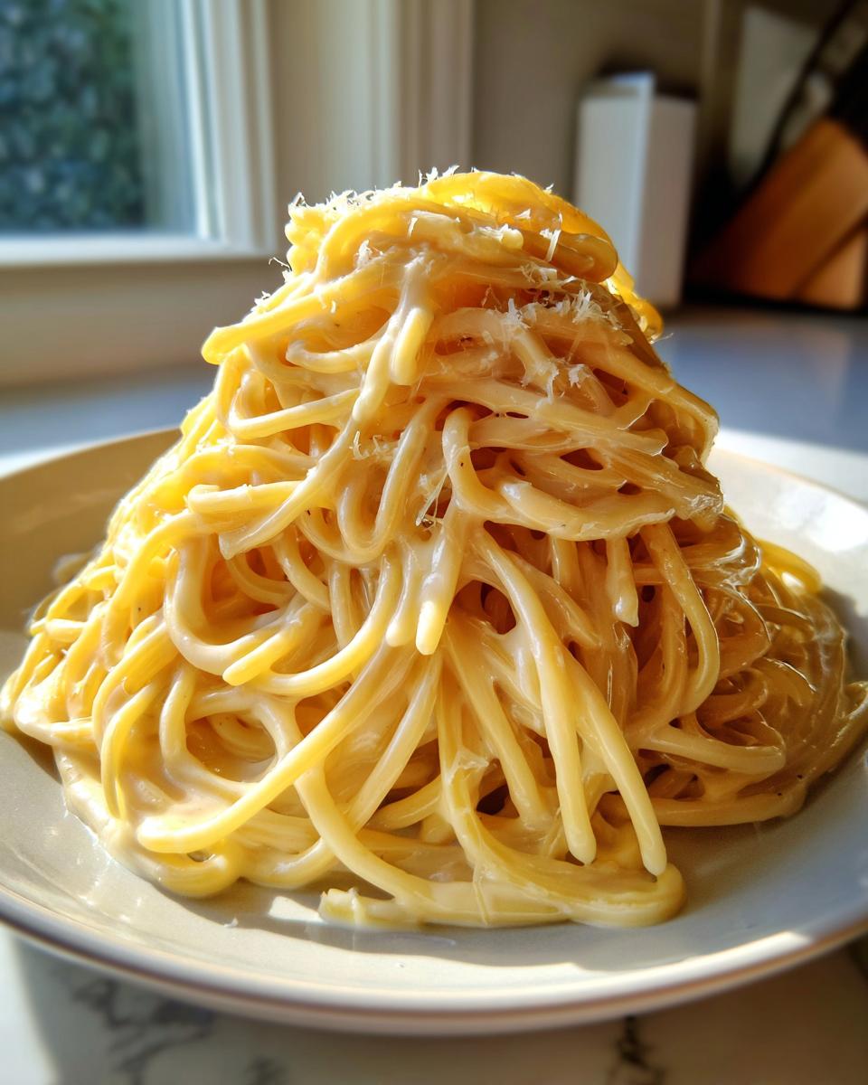 Nahaufnahme von perfekt angerichteten Nudeln mit Parmesan-Frischkäse, die in der Sonne glänzen.