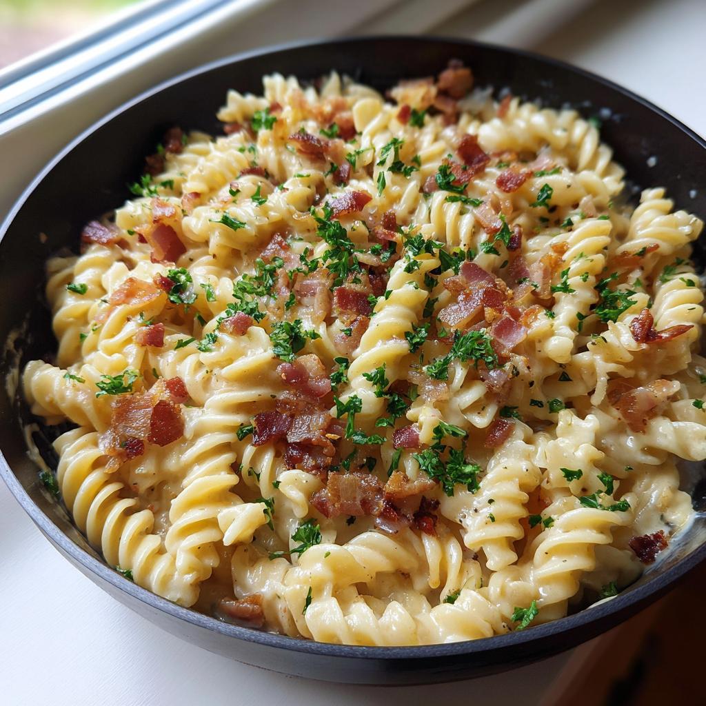 Nahaufnahme einer cremigen Nudelpfanne mit Speck und Zwiebeln, garniert mit Petersilie in einer schwarzen Schüssel.