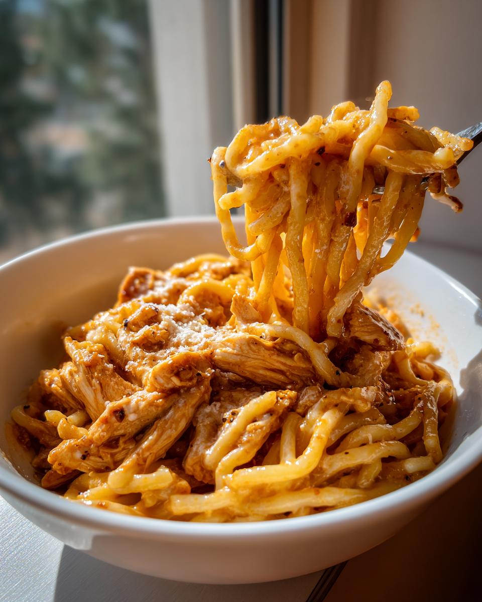 Nahaufnahme von cremigen One-Pot-Gyros-Nudeln mit Hähnchenstreifen, die gerade von einer Gabel hochgezogen werden.