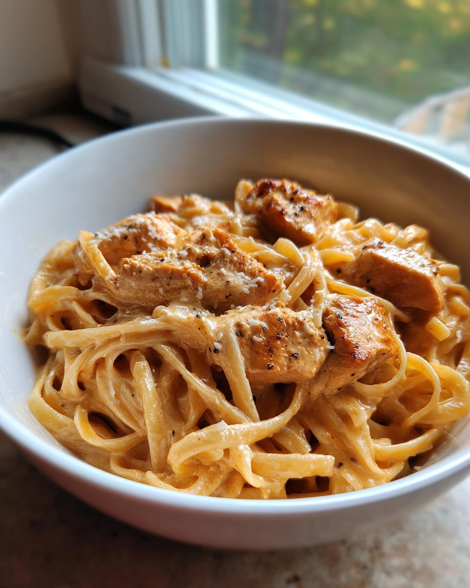 Nahaufnahme einer Schüssel mit cremigen One-Pot-Gyros-Nudeln und gewürfeltem Hähnchen.