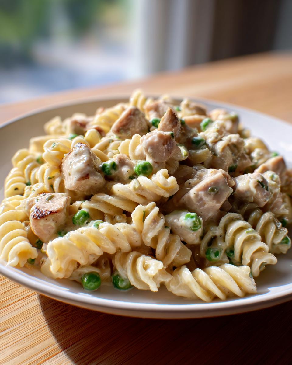 Nahaufnahme von cremigen One-Pot-Hähnchen-Nudeln mit saftigen Hähnchenstücken und grünen Erbsen auf einem weißen Teller.