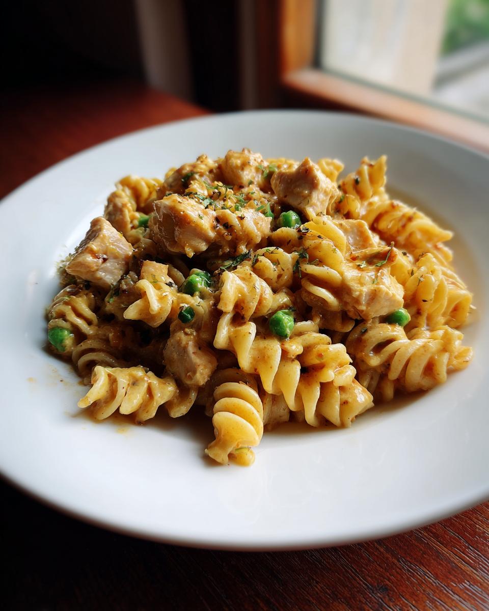 Nahaufnahme von cremigen One-Pot-Hähnchen-Nudeln mit Erbsen auf einem weißen Teller.
