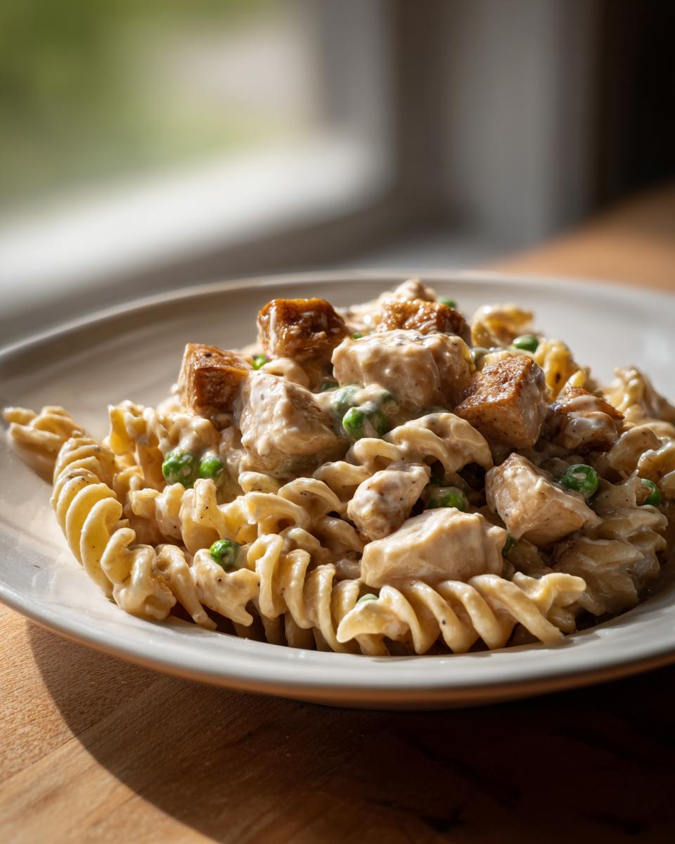 Nahaufnahme von cremigen One-Pot-Hähnchen-Nudeln mit Fleischstücken und grünen Erbsen auf einem Teller.