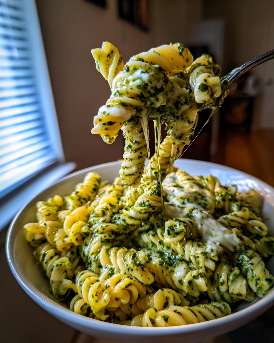 Nahaufnahme von cremigen Pesto-Frischkäse-Nudeln, wobei eine Gabel die Nudeln hochzieht und der geschmolzene Käse lange Fäden zieht.
