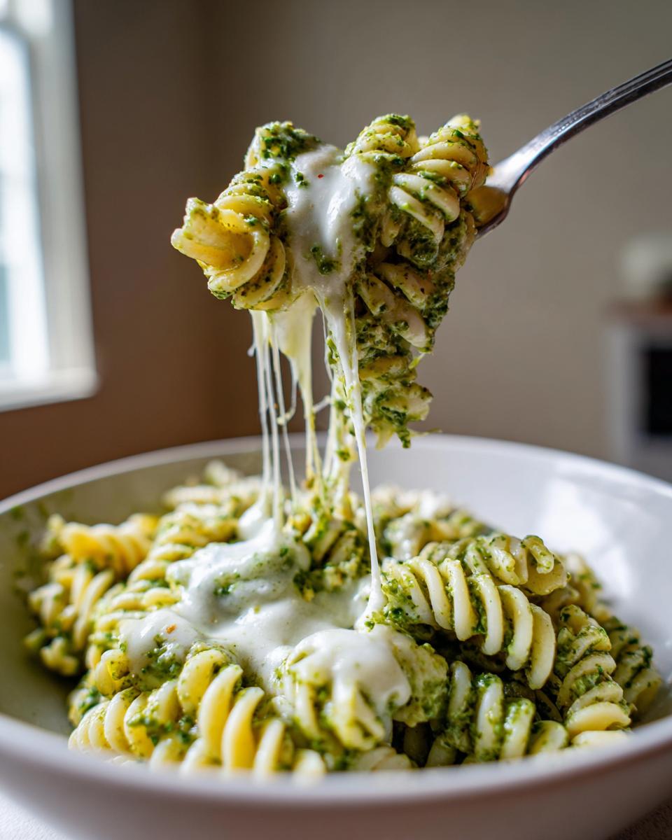 Nahaufnahme von Cremige Pesto-Frischkäse-Nudeln, wobei eine Gabel voller Fusilli mit grünem Pesto und geschmolzenem Käse hochgezogen wird.