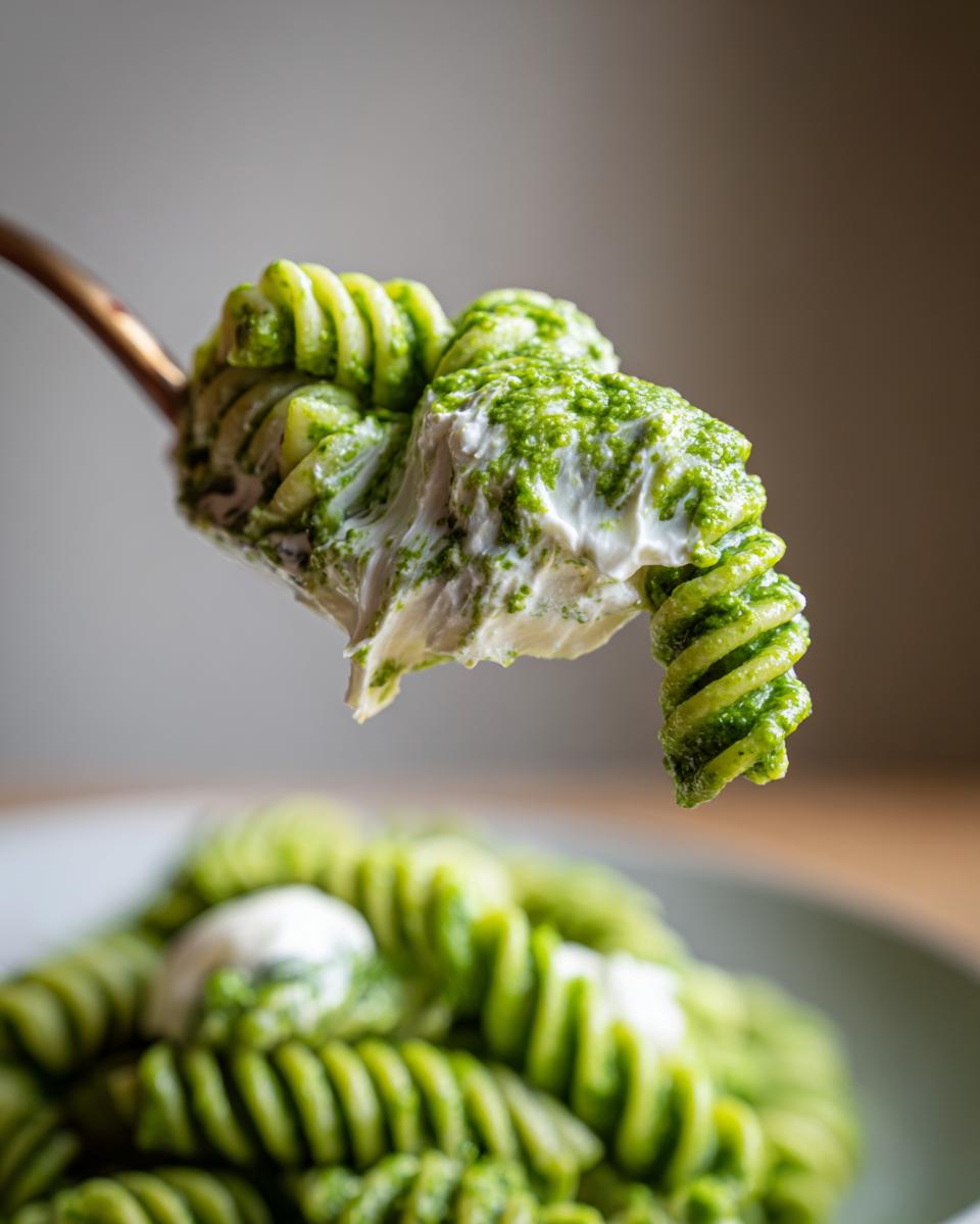 Nahaufnahme von Fusilli mit cremiger Pesto-Frischkäse-Mischung auf einem Löffel.