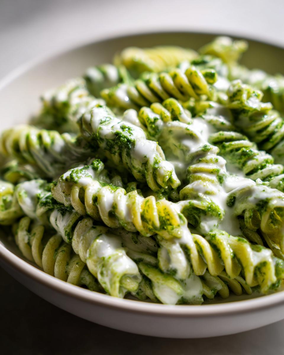 Nahaufnahme von grünen Spiralnudeln, üppig überzogen mit einer cremigen Pesto-Frischkäse-Sauce in einer hellen Schale.