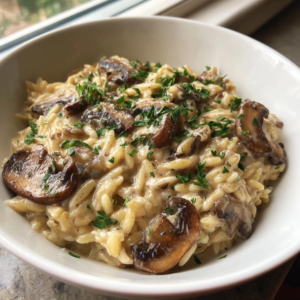 Nahaufnahme einer Cremige Pilz-Orzo-Pfanne mit gebratenen Pilzen und Petersilie in einer weißen Schüssel.