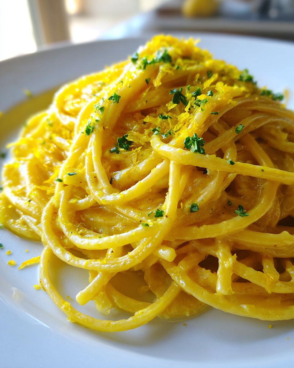 Nahaufnahme von cremiger Ricotta-Zitronen-Pasta, garniert mit leuchtend gelben Zitronenzesten und Petersilie.