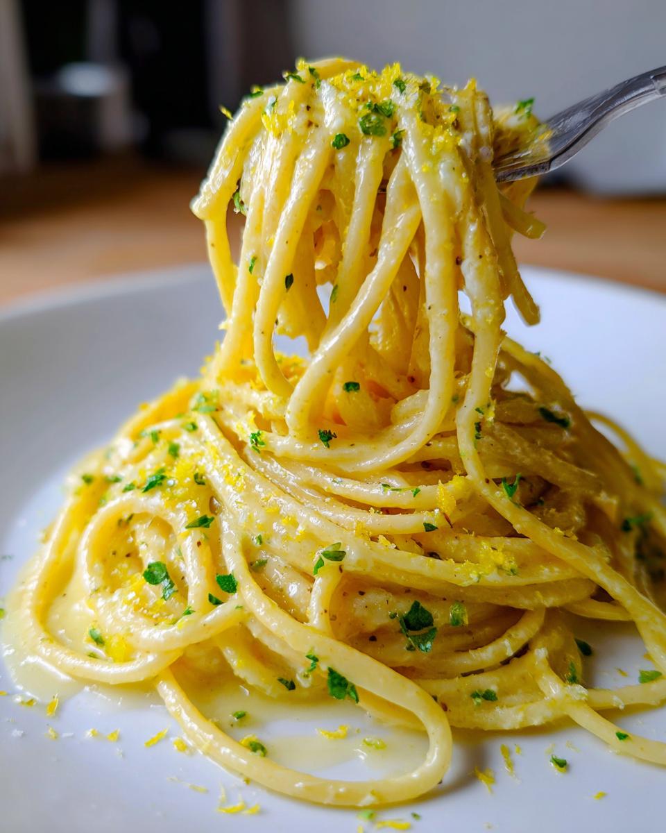 Nahaufnahme von cremiger Ricotta-Zitronen-Pasta, die mit einer Gabel hochgezogen wird, garniert mit Zitronenabrieb und Petersilie.