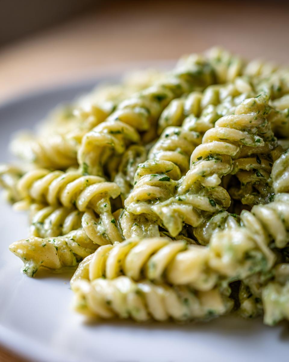 Nahaufnahme von leuchtend grüner, cremiger Sellerie-Pasta mit Spiralnudeln (Fusilli) auf einem weißen Teller.