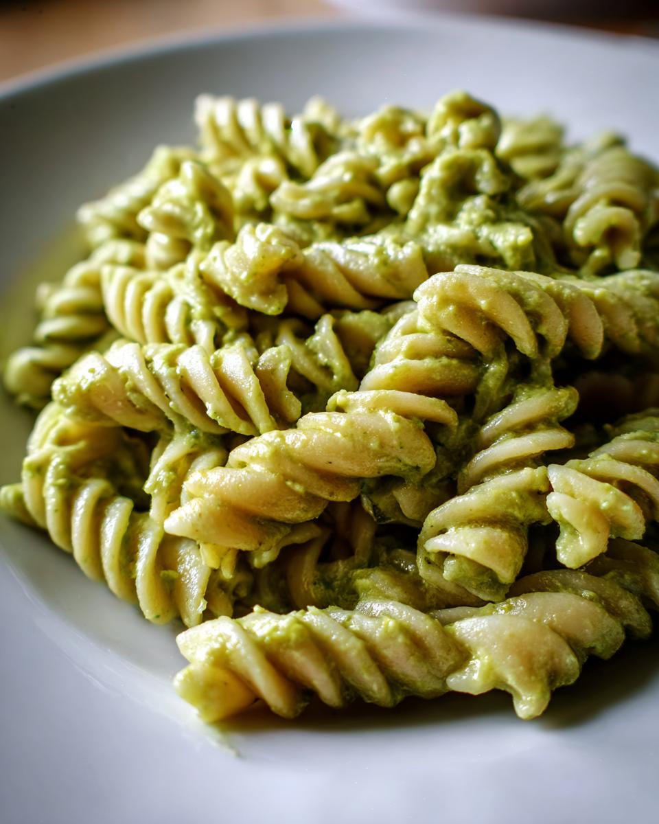 Nahaufnahme von leuchtend grüner, cremiger Sellerie-Pasta mit gedrehten Fusilli-Nudeln auf einem weißen Teller.