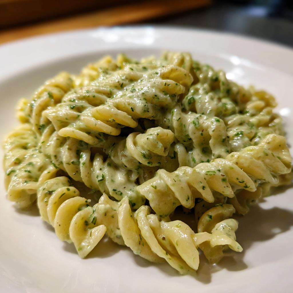 Nahaufnahme von leuchtend grüner, cremiger Sellerie-Pasta mit Spiralnudeln (Fusilli) auf einem weißen Teller.